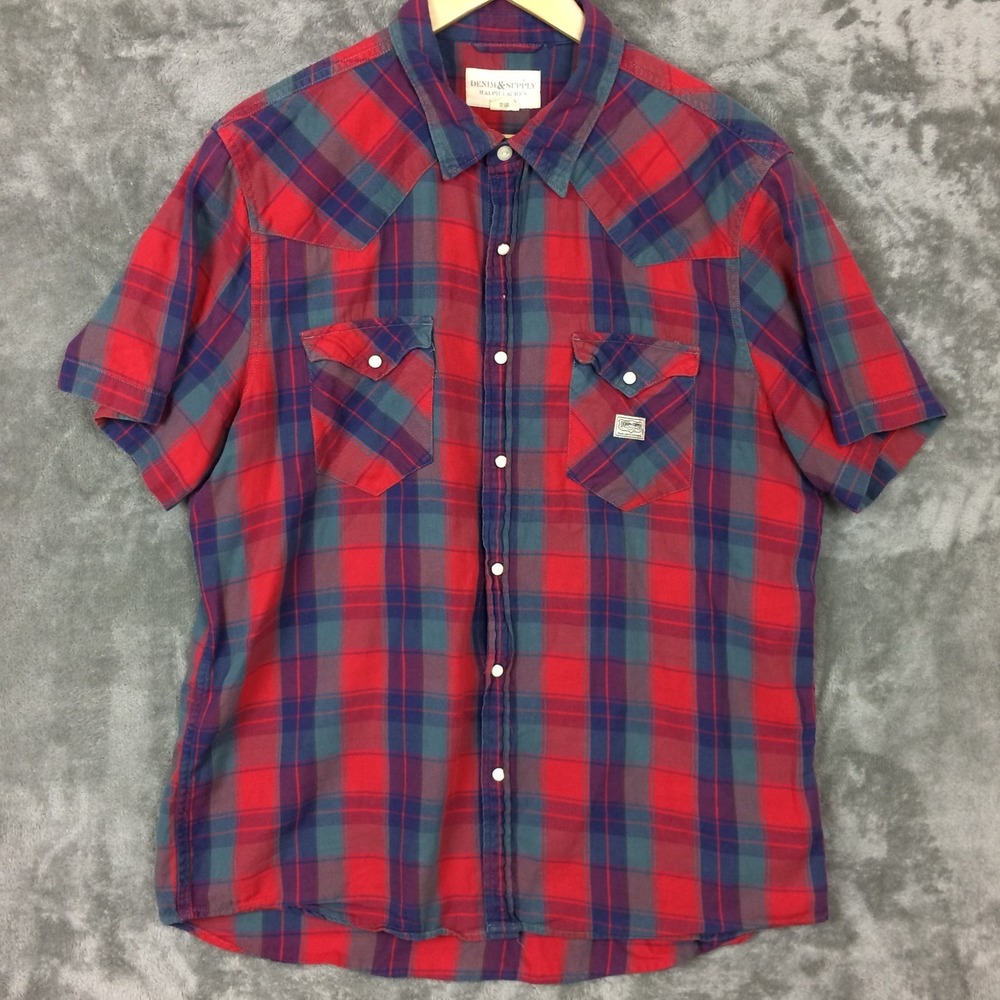 Denim Supply Ralph Lauren Shirt Mens XL Red Plaid Western Outdoor Pearl Snap